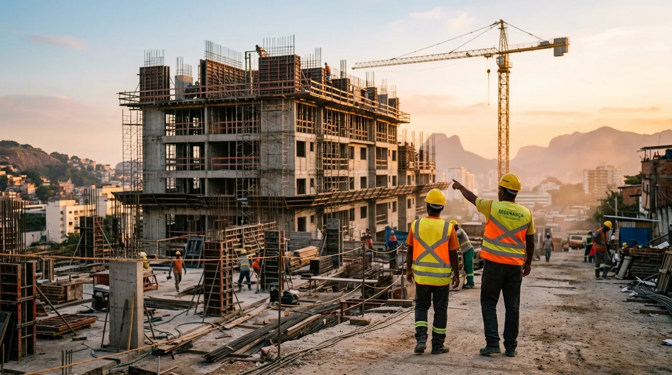 Canteiro de obra com equipe e grua ao entardecer