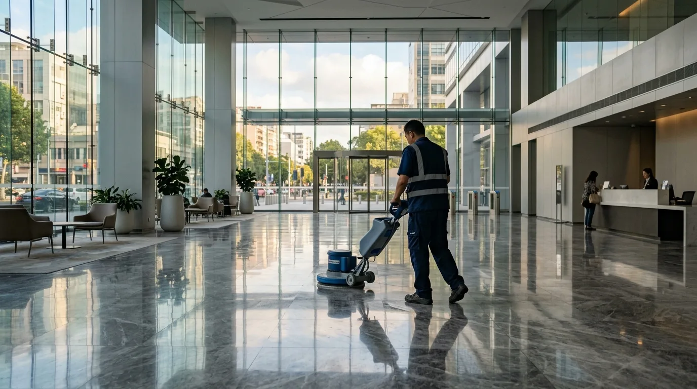 Equipe de limpeza profissional em prédio comercial
