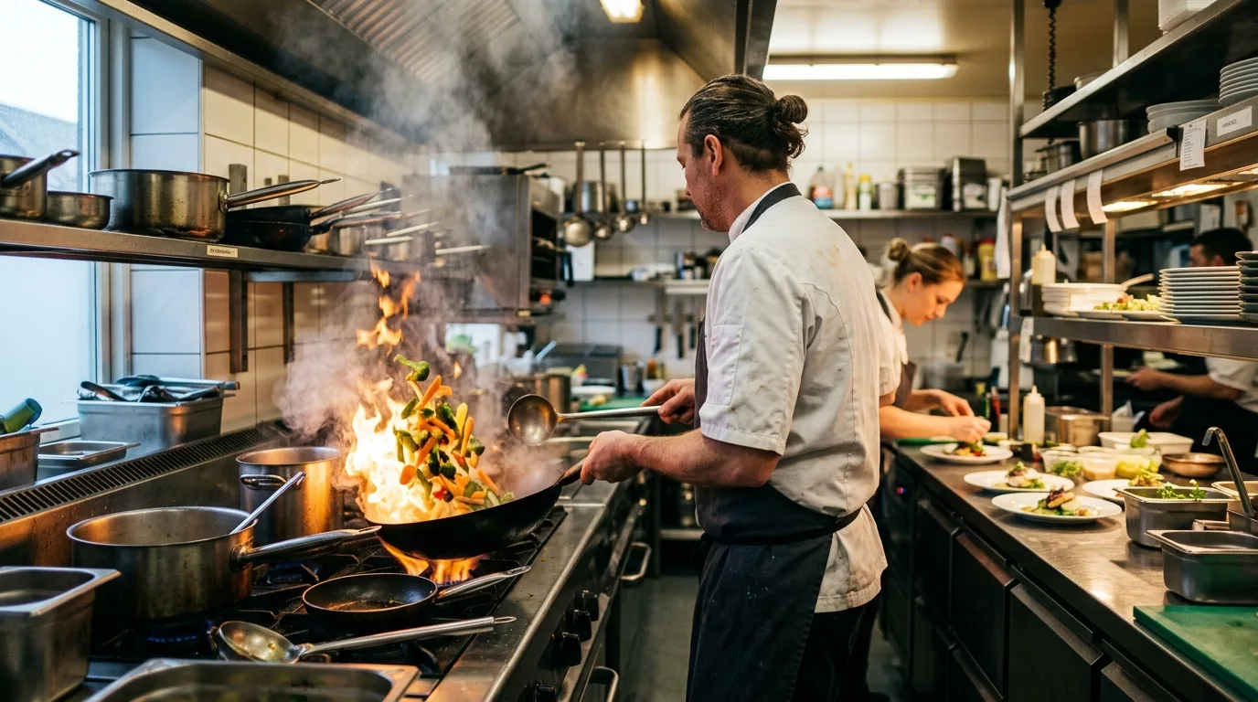 Cozinha profissional de restaurante em operação